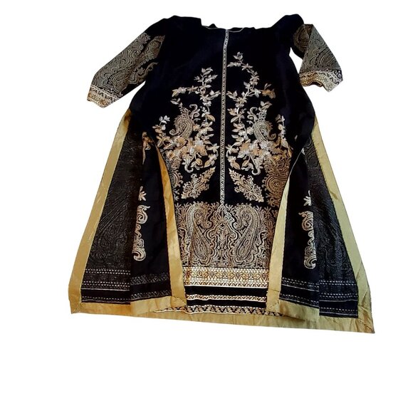 Black & Gold Embroidered Long Kurta With Floral & Paisley Design 3/4 Sleeves - Picture 7 of 7